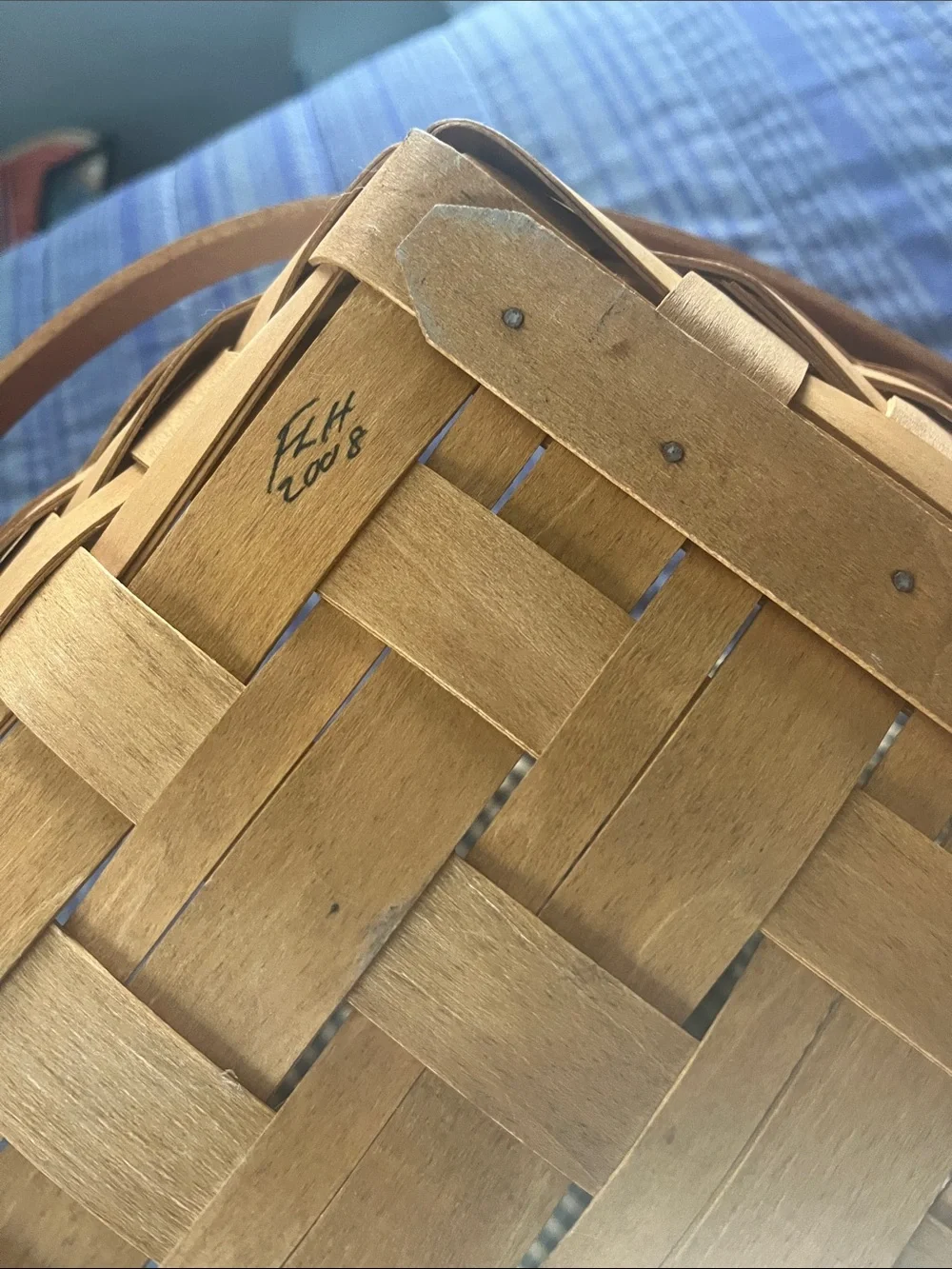 Longaberger Natural Wicker Basket with Clear Glass Insert and Brown Plaid Liner